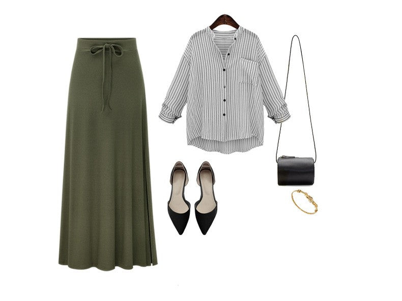 Plus size women's fashionable knitted half skirt high waist slit A-line skirt high stretch ankle length mid length skirt