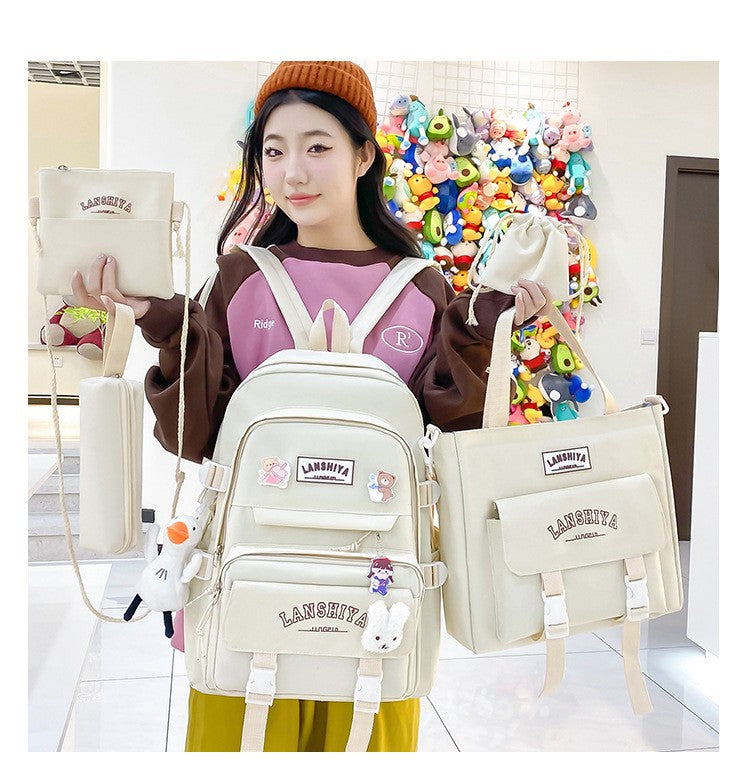 5-piece Set of Free Pendants Forest Style Korean Version Casual Harajuku Student Backpack for High School Girls Large Capacity