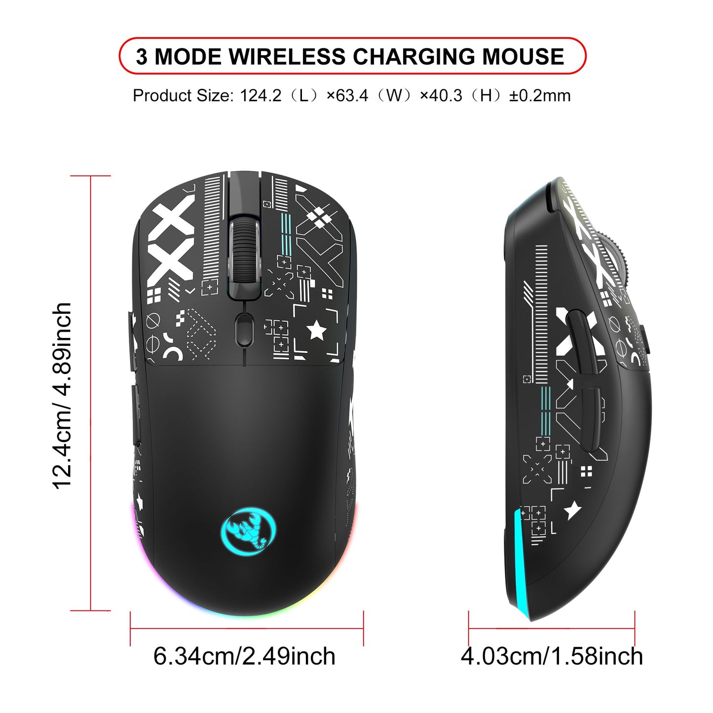 Mouse Bluetooth Sem Fio T90 RGB (BT1/BT2+ USB) 2.4GHz Recarregável Silencioso com Adaptador Tipo C