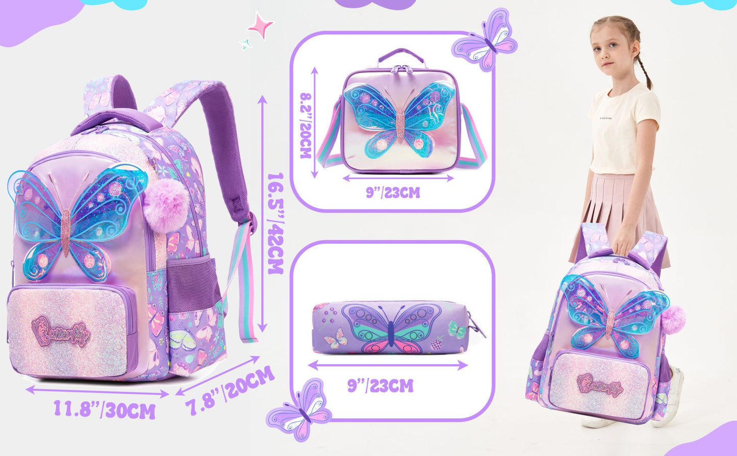 kids backpacks with Lunch Bag for girls 3pcs girls bookbag and Lunch Box Set for Elementary Middle School