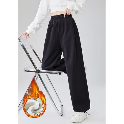 Winter Lady Snow Warm Thin Straight Leg Pants Girls Classic Daily Plush Trousers Women High Waist Thermal Fleece Pants