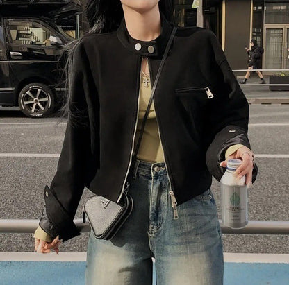 Retro American Coffee Brown Copper Zipper Button Short Jacket 2025 Autumn Trendy PU Leather Jacket Versatile for Dynamic Women