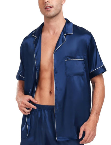 Men's Luxury Satin Pajama Set Short Sleeve Lapel Front Buttons Top And Elastic Shorts Comfortable Fit Loungewear Sleepwear Pjs
