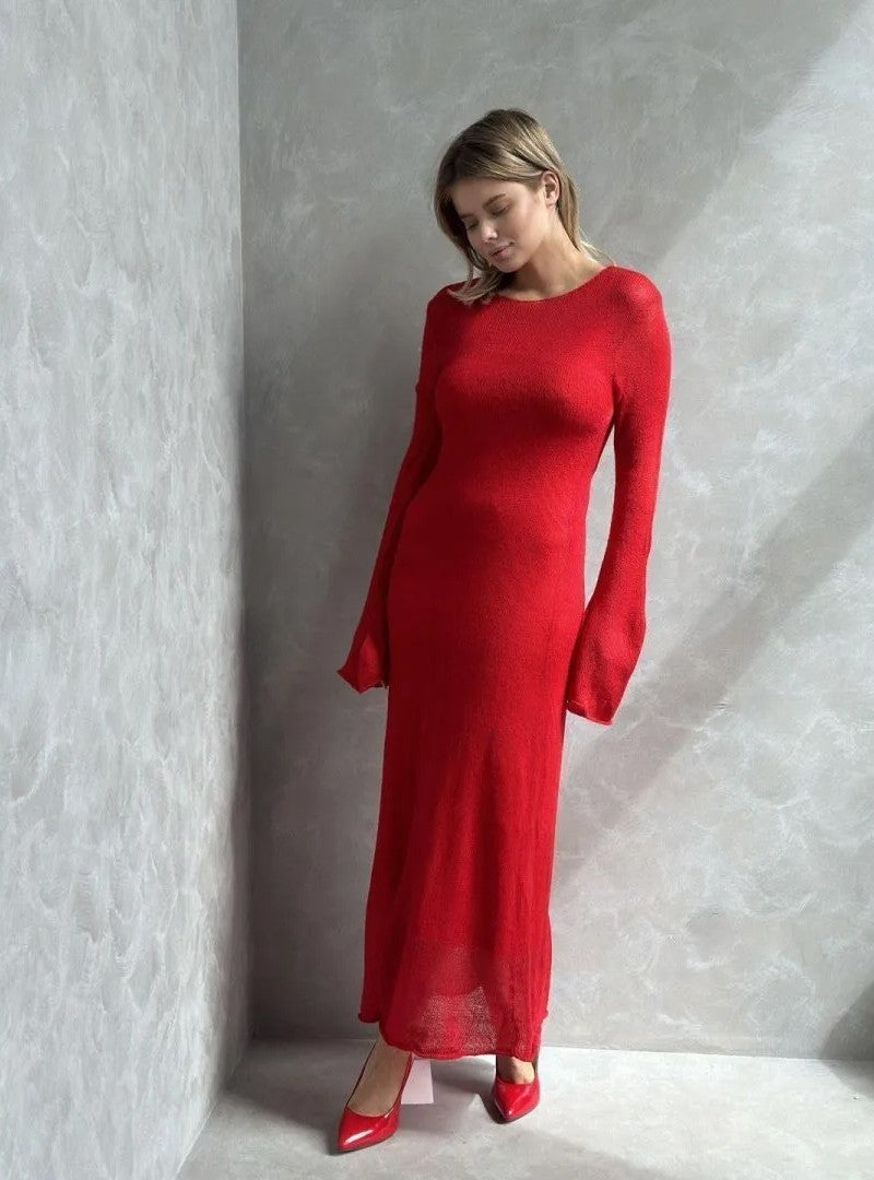 Hirsionsan Spring Autumn O-Neck Elastic Knit Long Dresses Women 2024 Elegant Chi