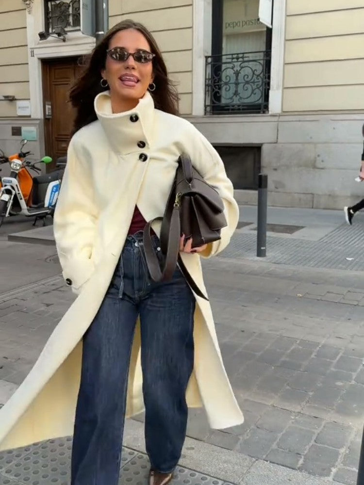 Stand Collar Single Breasted Split Long Coat Women Oversize Elegant Long Sleeve 2025 Autumn Female Outerwear Office Overcoat