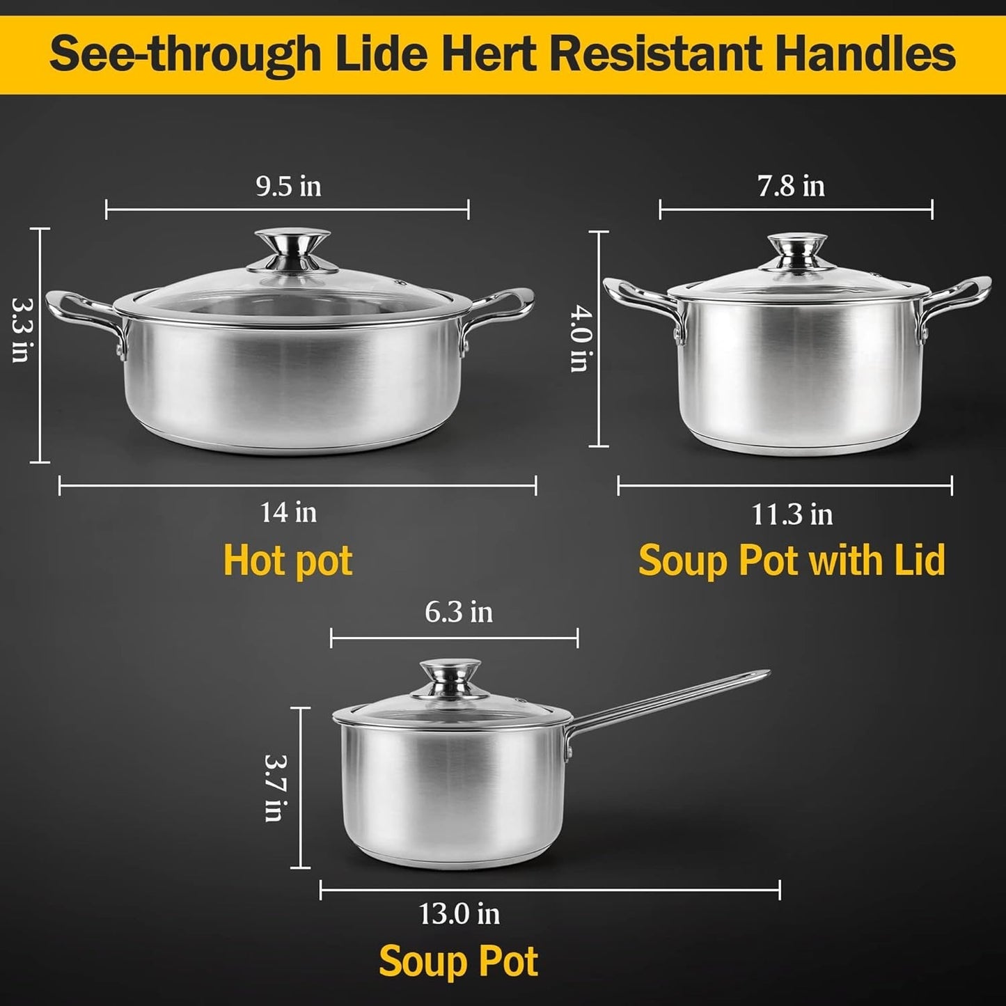 6Pcs Pots and Pans Set, Stainless Steel Pot Set, Nonstick Kitchen Cookware Set, Induction Pots Set with Stay-Cool Handle.