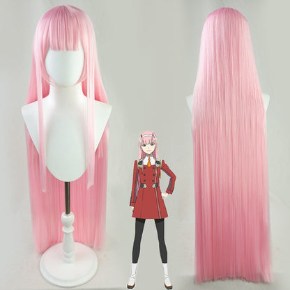 Peruca Sintética Rosa Qi Bangs Cabelo Liso Comprido Personagem de Animação Zero Dois cos Wig | Adequada para Apresentação ao Vivo