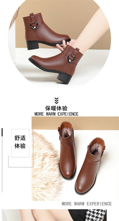 Women's Winter Waterproof Fashion Soft Leather Ankle Boots Mom Thick Plush Warm Cotton Shoes Thick Heel Platform Boots