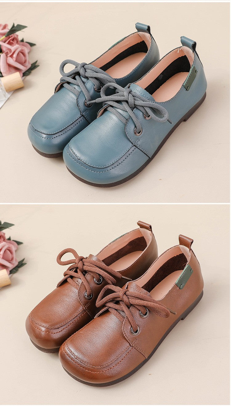 Vintage Plain Oxfords Shoes Women's Genuine Leather Flats Ladies Laced Up Moccasins Elderly Woman Square Toe Driving Loaferss