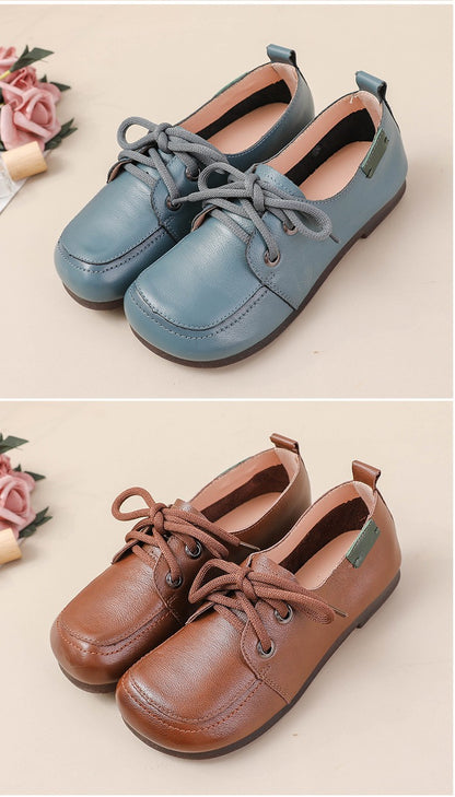 Vintage Plain Oxfords Shoes Women's Genuine Leather Flats Ladies Laced Up Moccasins Elderly Woman Square Toe Driving Loaferss