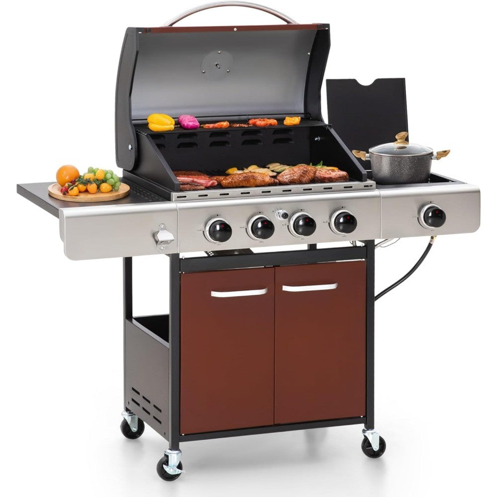 6-Burner Propane Gas Grill, Stainless Steel BBQ Grill with Side Burner and Porcelain-Enameled Cast Iron Grates