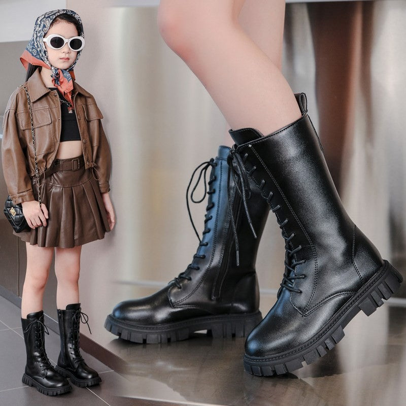 2025 Autumn/Winter  Fashion Cool Baby Girls Warm Square Heel Round Toe Casual Lace-Up Comfortable Kids Black Mid Boots