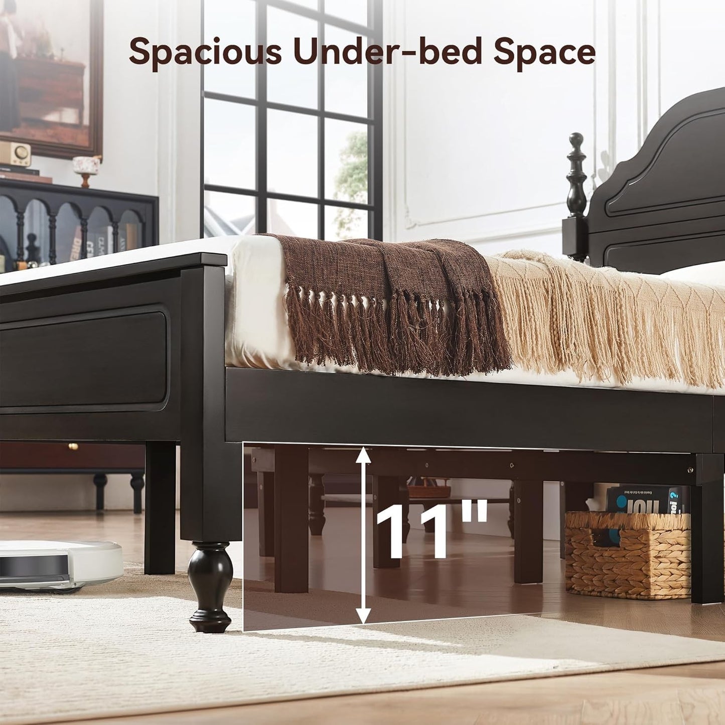 Solid Wood Queen Bed Frame, Stable & Sturdy Queen Size Bed Frame with 50" Tall Headboard and Footboard, Heavy Duty Wood