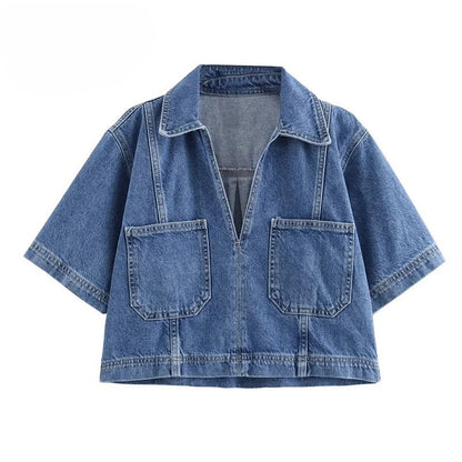 Blue Denim Shirt Woman Short Sleeve Cropped Shirt Women Summer Short Tops Woman Streetwear Y2k Stylish Women's Blouse