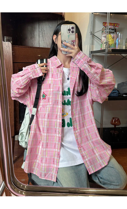 Ice Blue Plaid Long Sleeve Shirt Unisex Premium Cleanfit Denim Fabric V-neck Open Cardigan Style Holiday Vibes Short Length