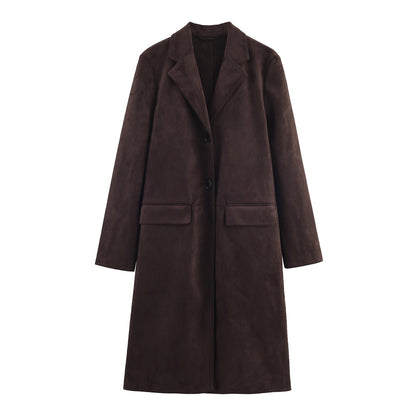 Woman's Commuting Loose Long Coat Lapel Single-breasted Solid Color Long Sleeves Patchwork Overcoat Early Autumn Female Chic Top