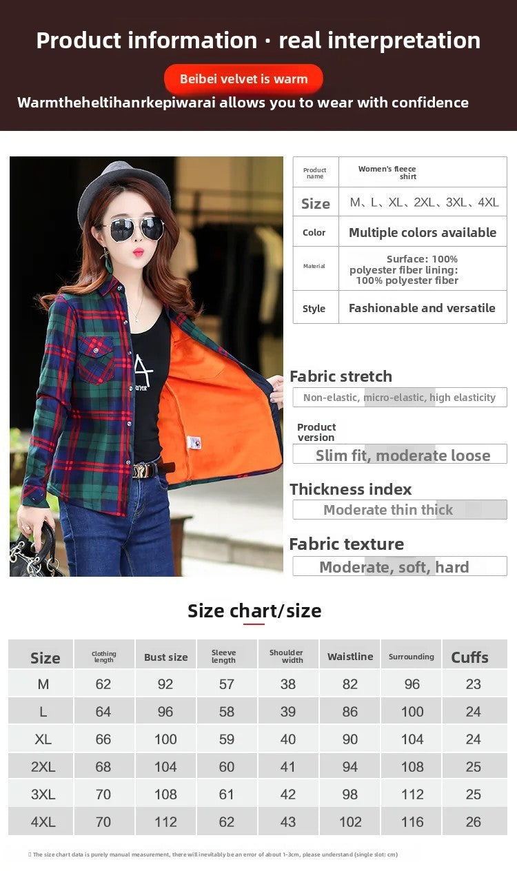 Women's Fleece Lined Long Sleeve Shirt Mid Length Thick Winter Warm Korean Style Elastic plus Size Plaid Patterned Button up