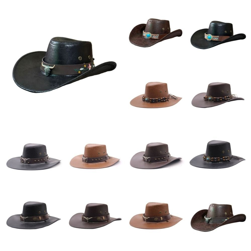 Simple PU Leather Western Cowboy Hat Big Brim Drawstring Sunscrean Bucket Cap Outdoor Travel Hat Hiking Hat Fisherman Hat Travel