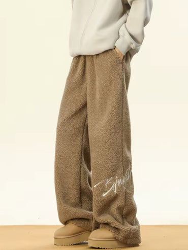 Women's Embroidered Flannel Sweatpants American Lamb Fleece Cotton Thickened Warm Couple Skiing Pants Autumn