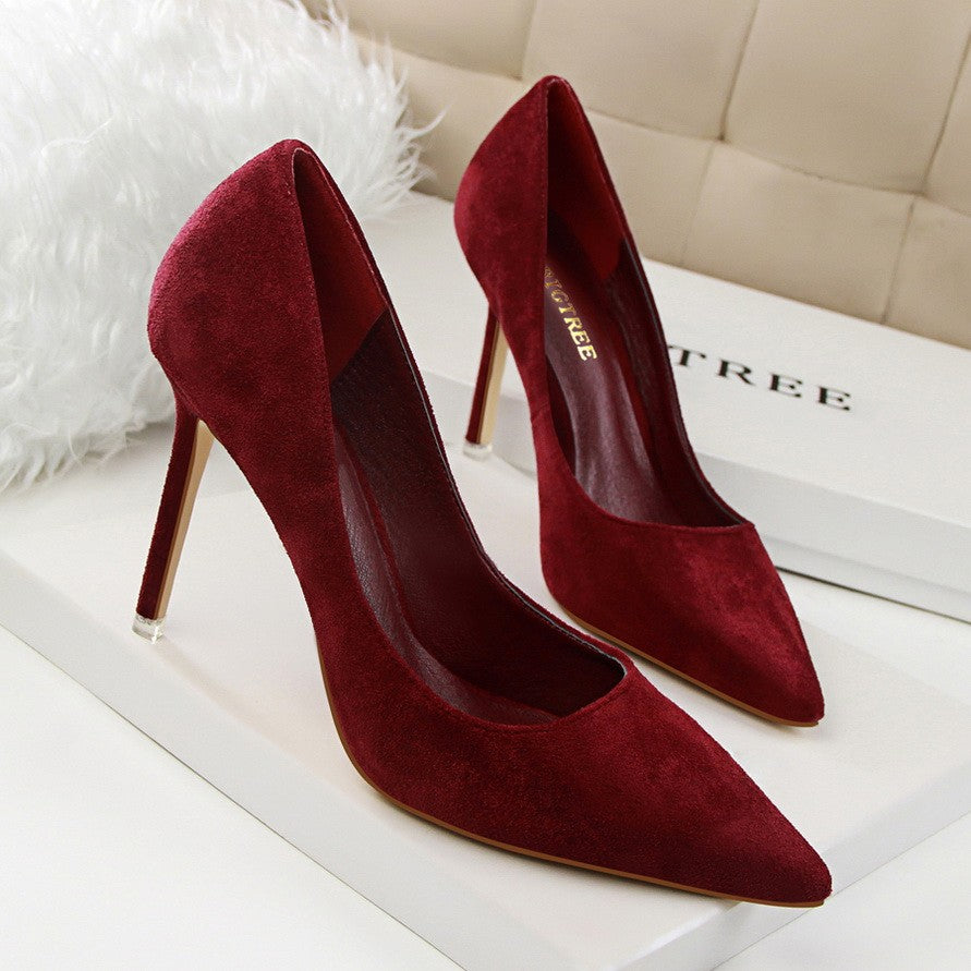 Women 9cm High Heels Yellow Burgundy Pumps Plus Size Stripper Suede Escarpins Lady Wedding Bridal Scarpins Green Blue Prom Shoes