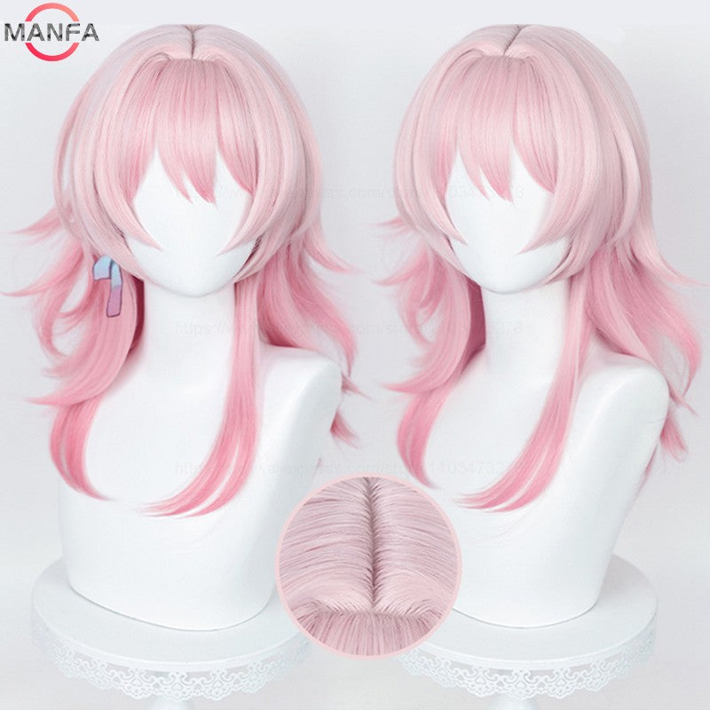 HSR March 7th Cosplay Wig 50cm Long Pink Gradient Wigs Heat Resistant Synthetic Hair Halloween Party