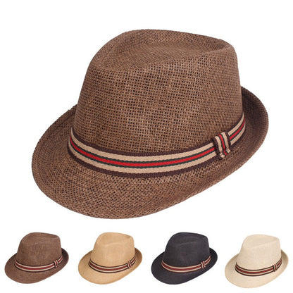Chapéu de Palha Masculino Moda Primavera Verão Chapéus de Sol Praia Feminino Cor Sólida Fedoras Fita Listrada Casual Cowboy Jazz Cap Gangster Cap