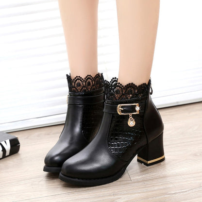 Women'S Ladies Boots Fall Winter Vintage Leather Lace Short Boots Shoes Women'S Fashion Lace Trim Boots Mid-Heeled Boots