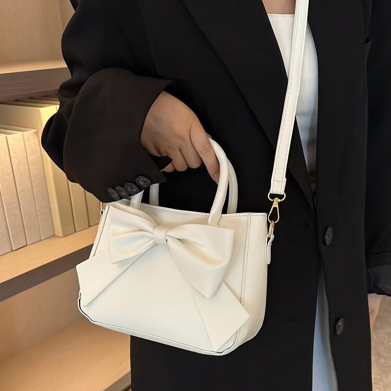 Elegant Black Bow Decorative Handbag Shoulder Crossbody Bag with Golden Hardware and Detachable Horizontal Strap, Stylish Daily