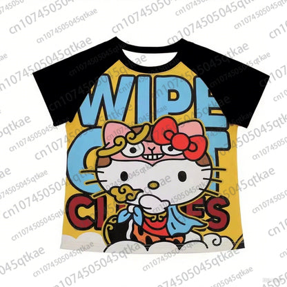 2025 New Hello Kitty T-shirt Anime Sanrio Fashion Short Tops Y2k Summer Cute Tees Cartoon Print High Street Women's Short Sleeve