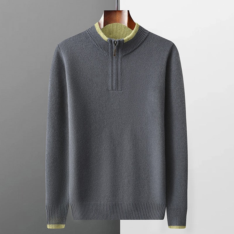 New Men Knitted Half Zipper Style Pullover Pure Australian Wool Sweater Splicing Edge Decoration High quality Thicken Warm Tops