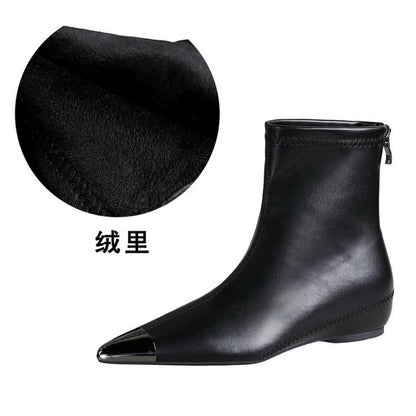 Retro European American Style Versatile Low Heel Heel Heightened Metal Pointed Iron Head Short Tube Women's Boots Short Boots