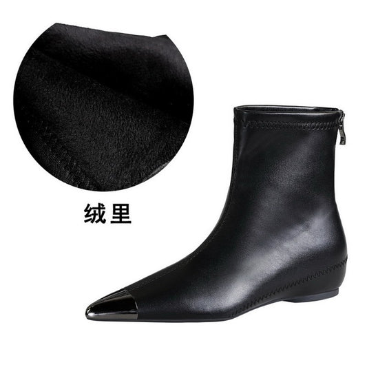 Retro European American Style Versatile Low Heel Heel Heightened Metal Pointed Iron Head Short Tube Women's Boots Short Boots