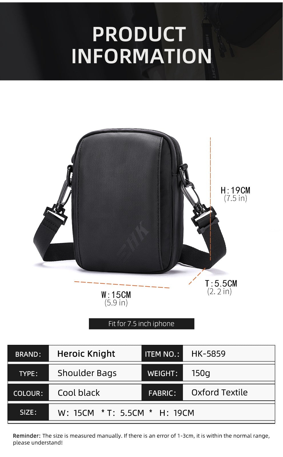 Heroic Knight Casual Men's Shoulder Bag 6.5" Phone Woman's Crossbody Bag Waterproof Men Chest Bag Outdoors Unisex Travel Pack