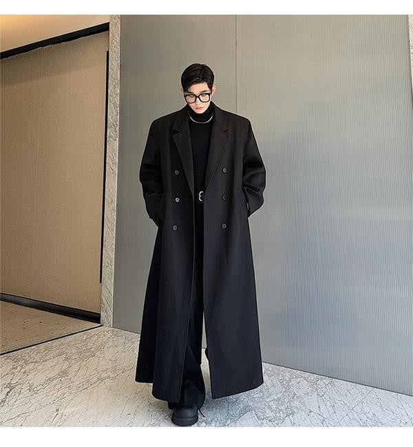 Mauroicardi Spring Autumn Extra Logn Black Oversized Flowy Soft Trench Coat for Men with Back High Slit Loose Casual Overcoat