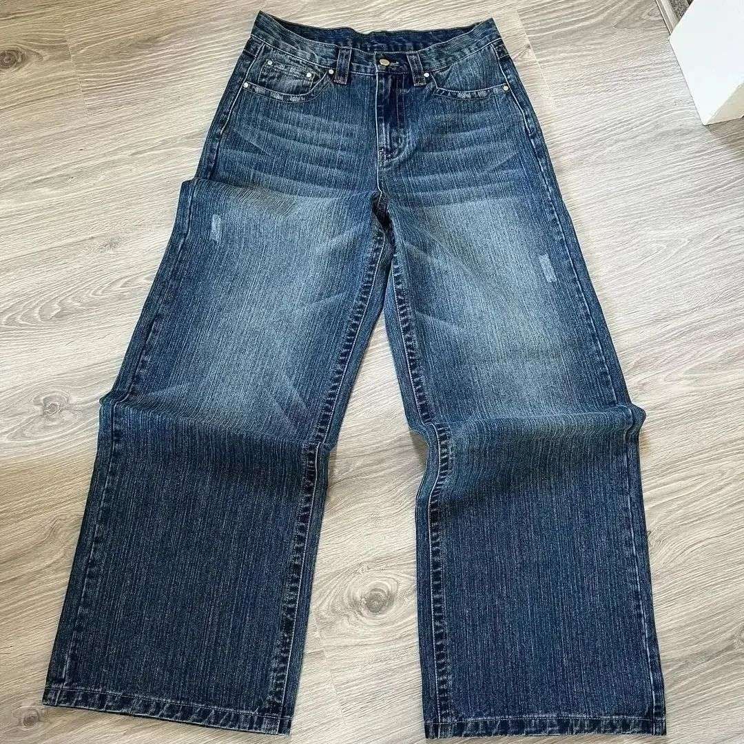 Harajuku Hip Hop Cartoon Letter Embroidery Retro Blue Baggy Jeans Mens Womens Jeans Rock Low Waist Wide Leg Trousers Y2K Clothes