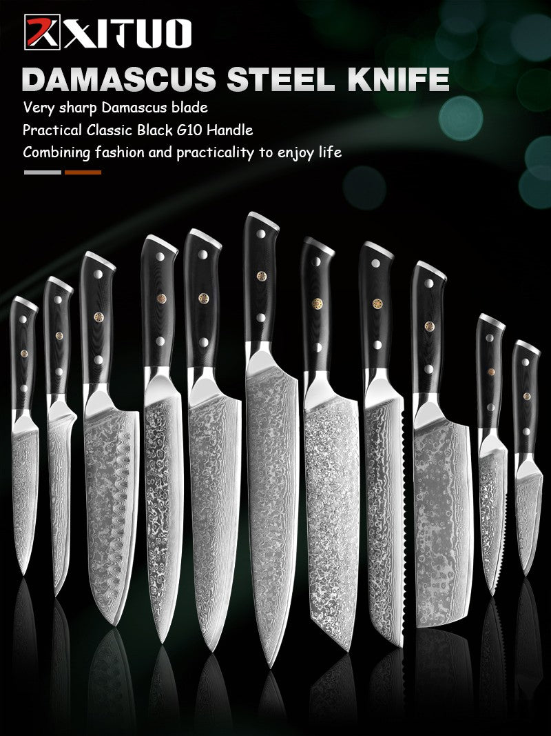 Japanese Damascus Steel Kitchen Chef Knife 1-9 PCS Set Ultra-sharp Cleaver Paring Bread Boning Knife Ergonomic G10 Handle