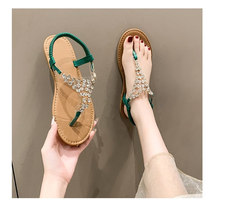 Summer New Flat Transparent Rhinestones Pintoe Women's Sandals, Fashion Casual Light Beach Cool, Shoes Women