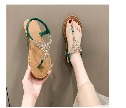 Summer New Flat Transparent Rhinestones Pintoe Women's Sandals, Fashion Casual Light Beach Cool, Shoes Women