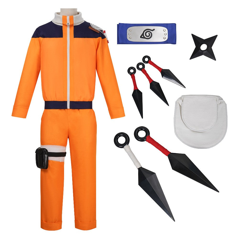 Uzumaki Cosplay Costume Orange Clothes with Headband & Kunai Pouch Pre-Shippuden Genin Ninja Outfit Blonde Wig Unisex Adult Hall