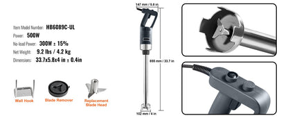 SucceBuy Commercial Immersion Blender 500 Watt Heavy Duty Hand Mixer Variable Speed Kitchen Stick Mixer with 304 Stainless Steel