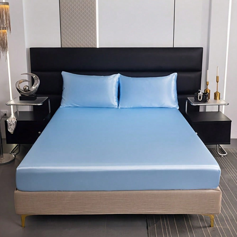 2/3pcs Luxurious Solid Silky Satin Fitted Sheet With Pillowcases For Soft And Comfortable Bedding,For Bedrooms And Guest Rooms
