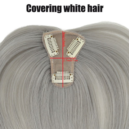 Peruca feminina, com franja para cobrir os cabelos brancos e uma peça de reposição fina e invisível para o cabelo