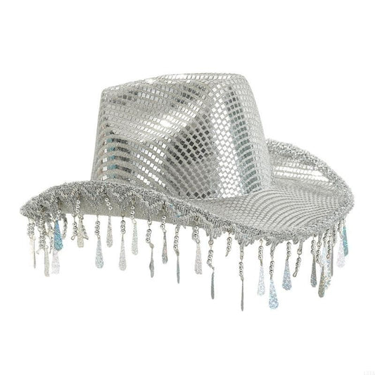 L5YA Eye-catching Panama Hat Studded Mirrored Party Hat for Women Halloween Costume Decorative Raindrop Tassels