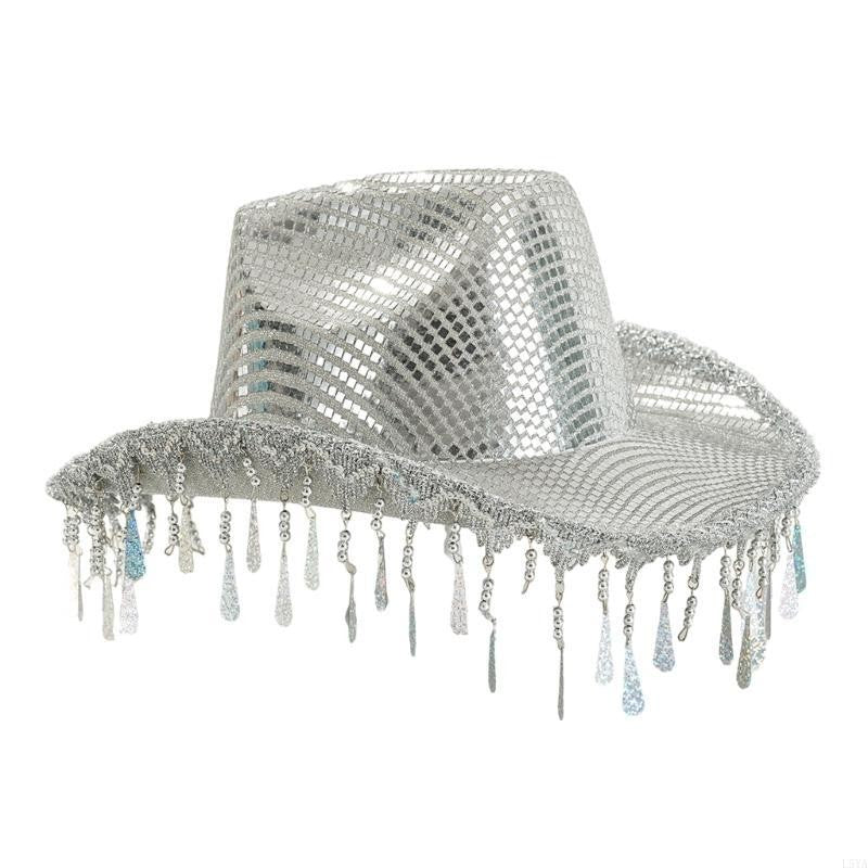 L5YA Chapéu de Panamá Chamativo com Tachas e Espelhos para Festa Feminina Chapéu de Fantasia de Halloween com Borlas de Gotas de Chuva Decorativas