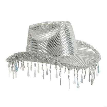 L5YA Chapéu de Panamá Chamativo com Tachas e Espelhos para Festa Feminina Chapéu de Fantasia de Halloween com Borlas de Gotas de Chuva Decorativas