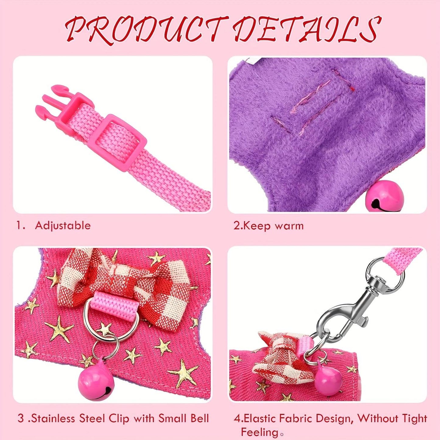 2 pçs/conjunto Arnês e Coleira para Hamster, Conjunto de Caminhada, Roupa para Pequenos Pets com Laço e Sinos, Colete Acolchoado Seguro e Confortável, Roupa para Hamster