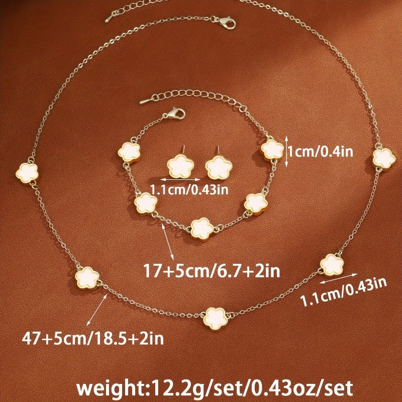 3pçs/conjunto Colar, Pulseira e Brincos de Flor de Cinco Pétalas da Sorte para Mulheres Elegante Trevo Moda Festa Joias Presentes Acessórios