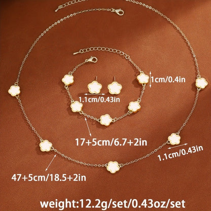 3pçs/conjunto Colar, Pulseira e Brincos de Flor de Cinco Pétalas da Sorte para Mulheres Elegante Trevo Moda Festa Joias Presentes Acessórios