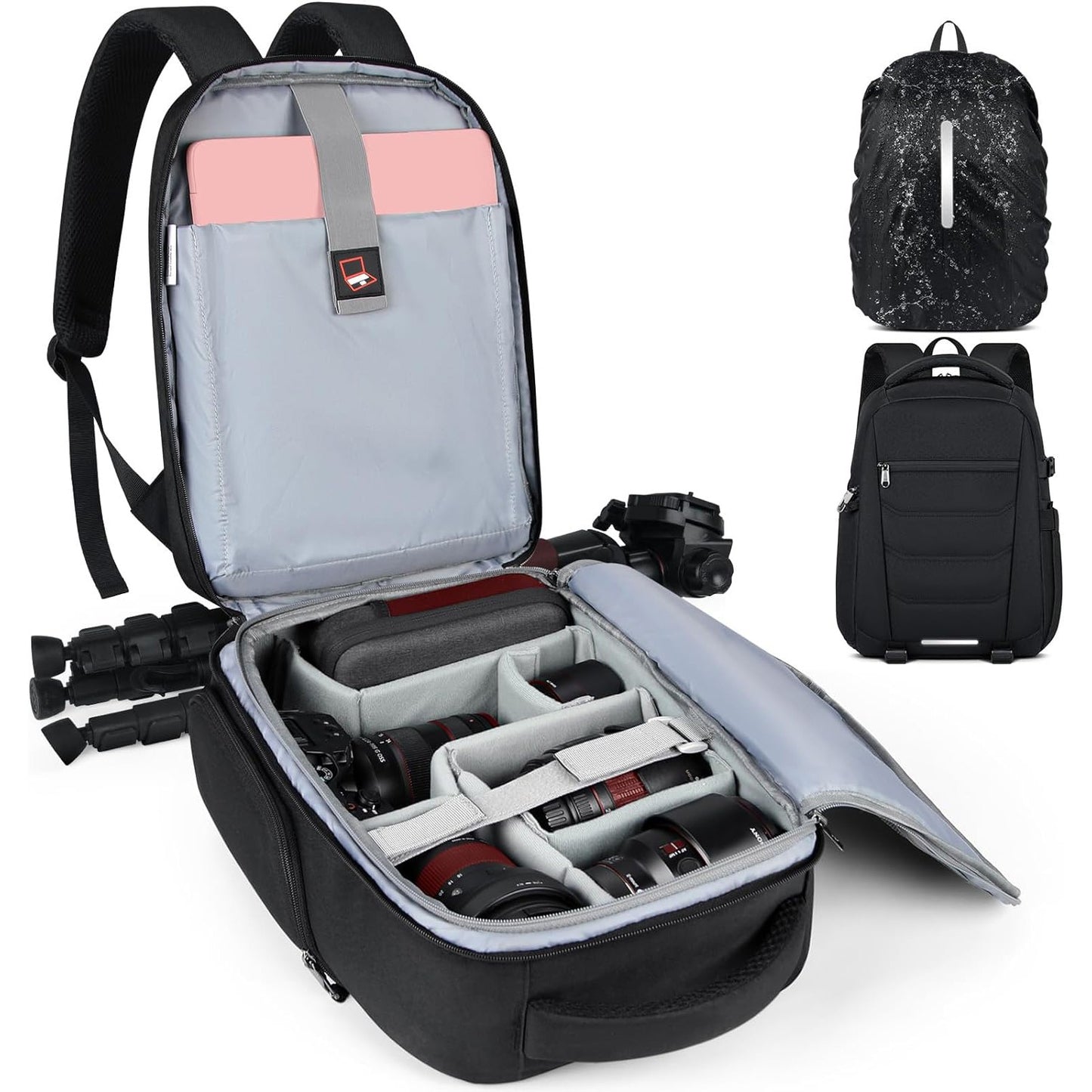 Mochila para Câmera Impermeável Antifurto para Notebook, Estojo Grande Capacidade para Câmera Fotográfica com Capa de Chuva