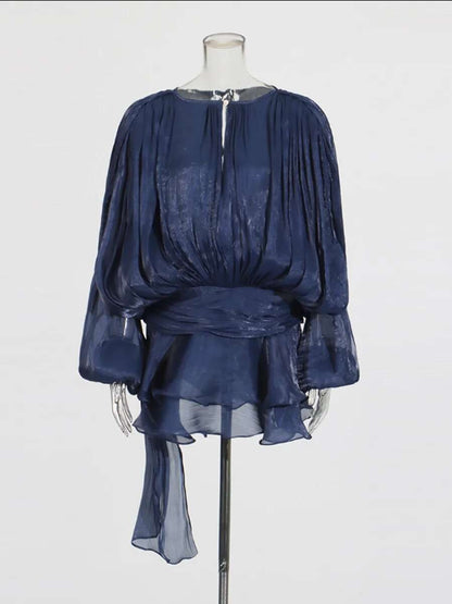 TWOTWINSTYLE Solid Blouse Mini Dresses For Women V Neck Long Sleeve Spliced Lace